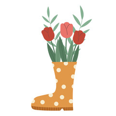 Bouquet of tulips in a rubber boot. Flat vector cartoon illustration.