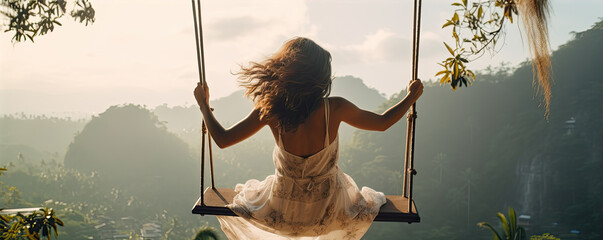Woman swinging in sunset light. Rear view of girl swing against forest background. - obrazy, fototapety, plakaty