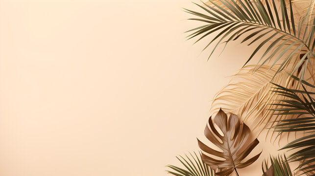 Green palm leaves on beige background,,
Natural background with palm leaves shadow Free Photo