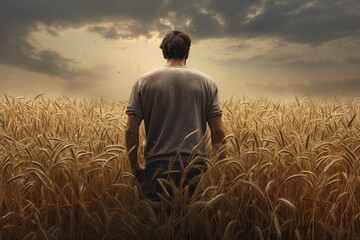 Rear view of a man standing in a wheat field looking at the sunset, Ai Generated