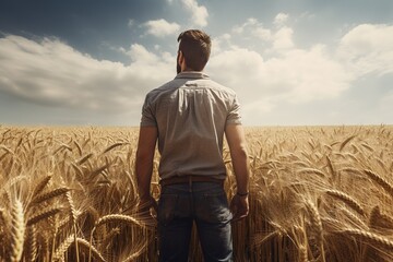 Rear view of a man standing in a wheat field and looking at the horizon, Ai Generated