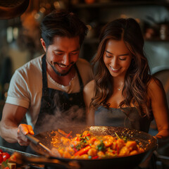 Joyful couple cooking together at home
