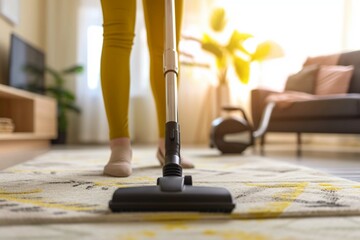 Cropped view of hands holding vacuum cleaner of Caucasian female cleaning service worker vacuums rug in living room kitchen. Concept of cleaning and disinfection in modern apartments