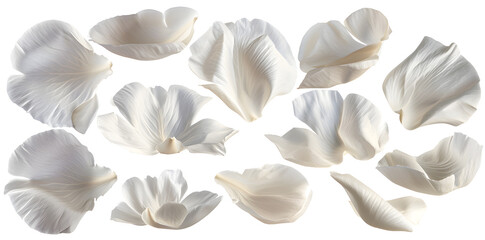 Collection of white flower petals isolated on a white background