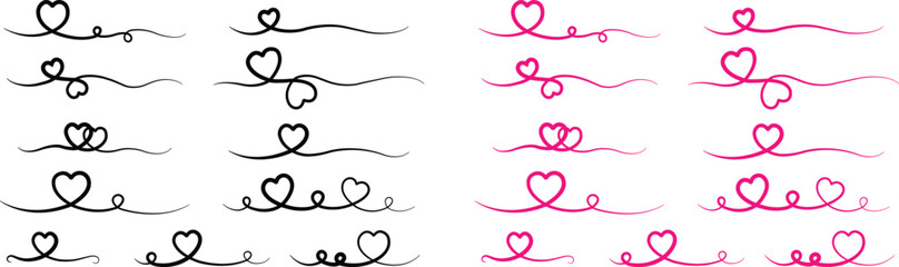 Heart lines bundle hand drawn doodle love black or pink color icon set isolated on transparent background. Vector collection for valentine day invitation or greeting card drawn design text divider.