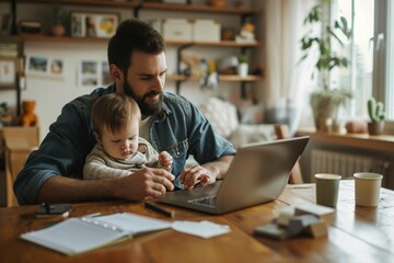 Father working on laptop and holding baby with son doing homework at home