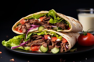 Delicious grilled shawarma doner sandwich with flyin ingredients - ready to serve and savor.