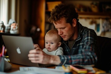 Fototapeta na wymiar Father working on laptop and holding baby with son doing homework at home