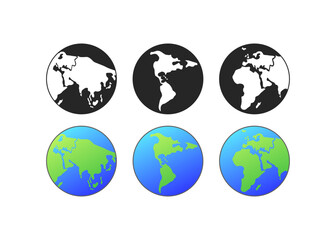 Planet earth icon set. Silhouette and flat style. Vector icons
