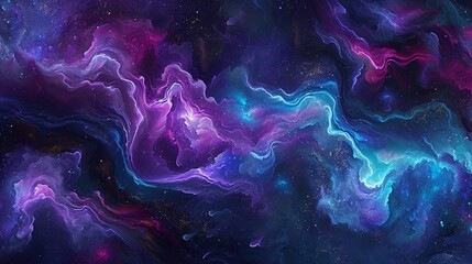 A cosmic collision of wavy abstract forms, with deep purples and electric blues creating a cosmic spectacle - obrazy, fototapety, plakaty