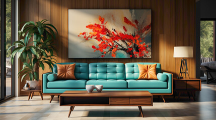Transport yourself to a charming mid-century modern living room, featuring a turquoise fabric sofa and wall-mounted cabinets against a warm wood lining wall. 
