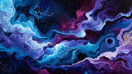 A cosmic collision of wavy abstract forms, with deep purples and electric blues creating a cosmic spectacle