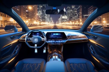 Futuristic autonomous car dashboard. advanced hud, hologram screens, wide infotainment system