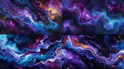 A cosmic collision of wavy abstract forms, with deep purples and electric blues creating a cosmic spectacle