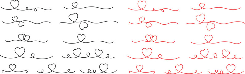 Heart lines bundle hand drawn doodle love black or red color icon set isolated on transparent background. Vector collection for valentine day invitation or greeting card drawn design text divider.