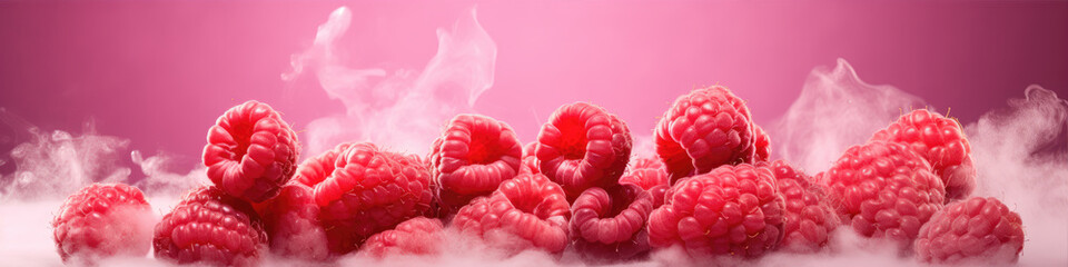 Fresh raspberries flying in the air with splashes in red pink color background. Raspberry concept.