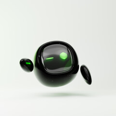 Cute robot with pointing hand and winking eye isolated over white background. Technology concept. 3d rendering.