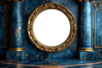 Golden luxury transparent empty photo frame on black marble wall, Royal interior luxury decor frame...