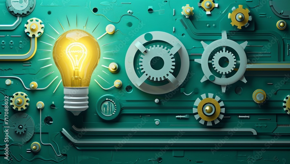 Poster machine idea concept illustration light bulb and wires with wheels and gears generative ai