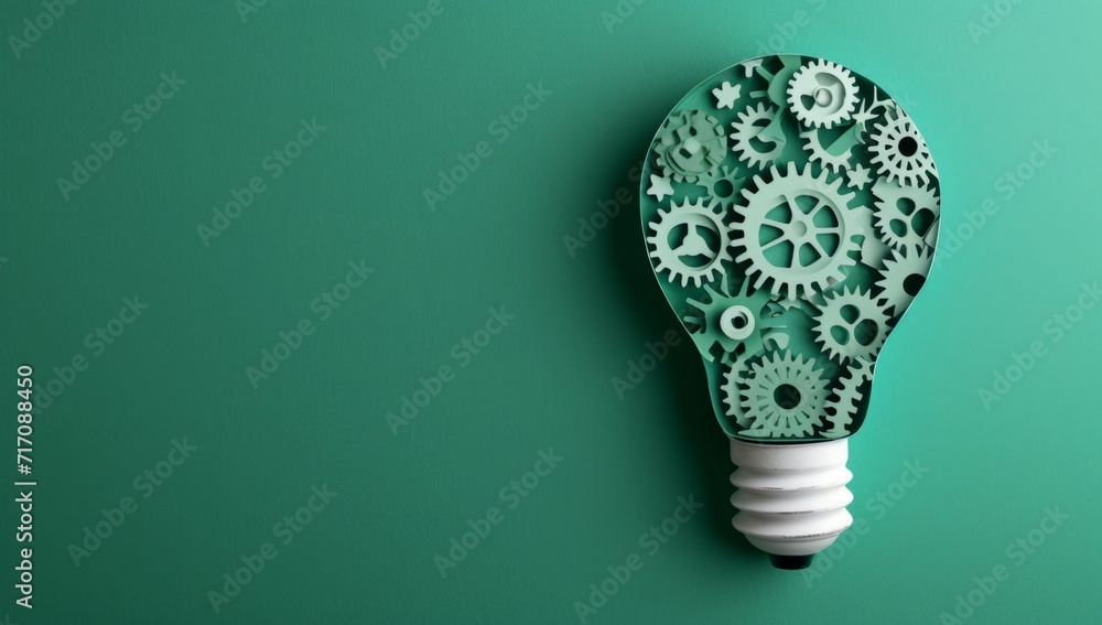 Poster lightbulb with gears on a green background generative ai