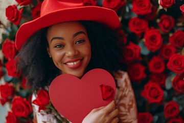 gentleman gifting heart-shaped box to cheerful african american woman with red roses