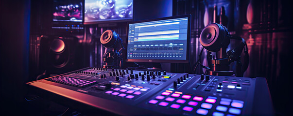 Modern studio control desk. Recording or sound DJ proffesional system. sound equipment for concert.