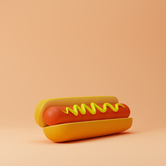 Hot dog with mustard isolated over orange background. Fast food concept. 3D rendering.