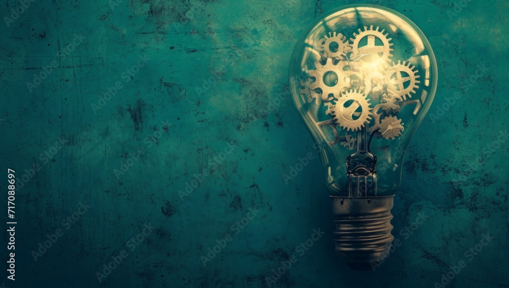 Poster a light bulb with a chain of gears in the center generative ai