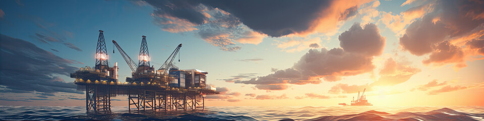 Fototapeta premium Offshore oil and gas platform in ocean. Petroleum platforms or crane.wide banner