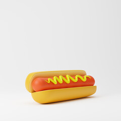 Hot dog with mustard isolated over white background. Fast food concept. 3D rendering.