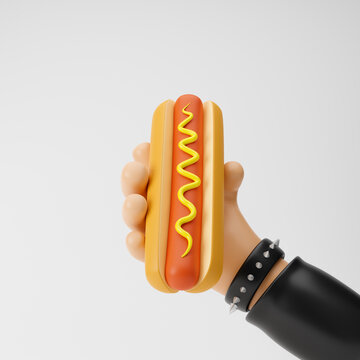 Rocker cartoon hand holding hot dog with mustard isolated over white background. 3d rendering.