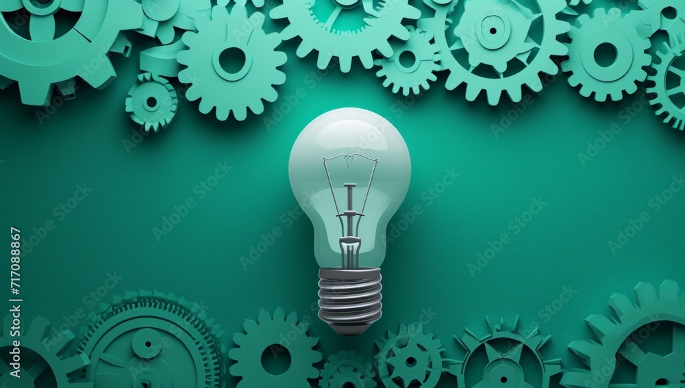 Poster paper light bulb concept with gears on turquoise background concept idea generative ai