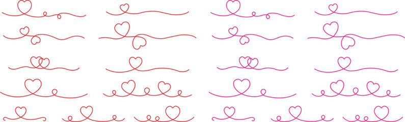 Heart lines bundle hand drawn doodle love linear pink color icon set isolated on transparent background. Vector collection for valentine day invitation or greeting card drawn design Heart text divider