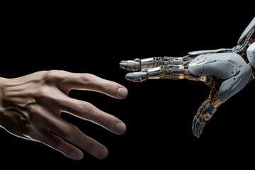 Futuristic Robot Arm Touches Human Hand in Humanity and Artificial Intelligence Unifying Gesture. Conscious Technology Meets Humanity. Concept Inspired by Michelangelo's Creation of Adam.