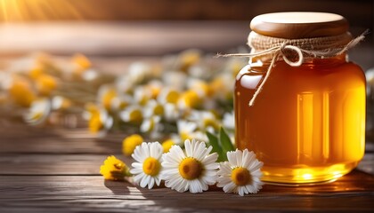 Jar of honey with chamomile flowers on a wooden table. Health and wellness concept	