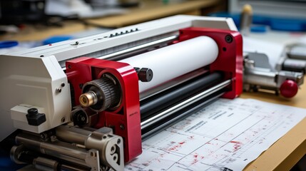 Professional large format plotter printing design blueprints at engineering office