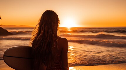 Fototapeta premium Golden hour bliss. serene surfer girl embracing her board in a dreamy out of focus sunset portrait