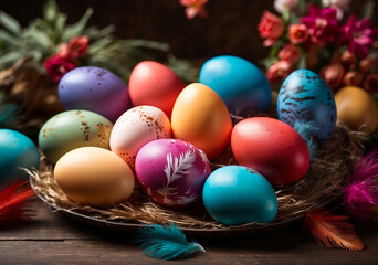 Fototapeta na wymiar Easter eggs with flowers and feathers. Happy Easter concept. colorful eggs for the holiday