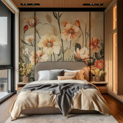Bedroom with a Wall Flower Mural, Bedroom