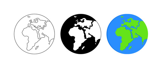 Planet icons. Linear, silhouette and flat style. Vector icons