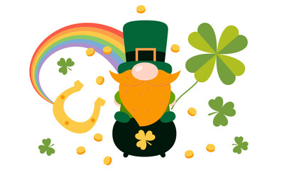 St. Patrick's Day gnome. Green clover vector background. Irish holiday celebration. Gnome with shamrock and horseshoe