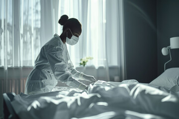 Hospital Ward: Professional Black Nurse Wearing Face Mask, Wiping the Bed, Cleaning Room After Covid-19 Patients Recover. Disinfection, Sterilizing, Sanitizing Clinic after Coronavirus Infected People