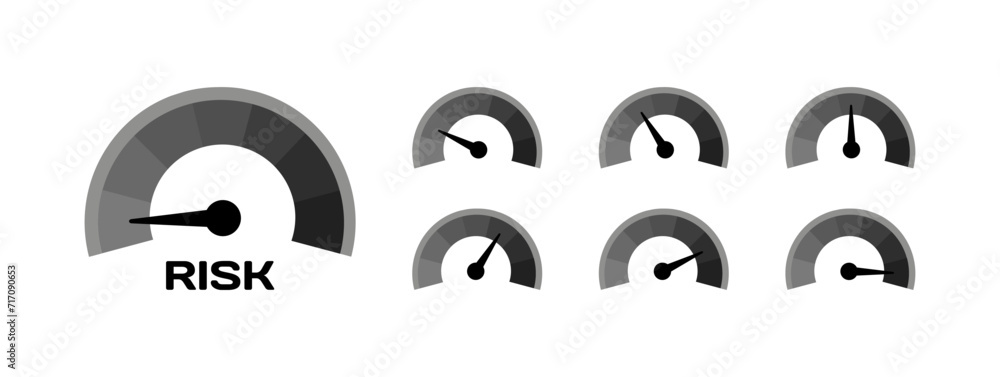 Poster risk indicator icon set. risk speedometer. flat style. vector icons