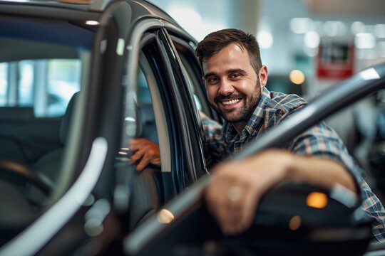happy fun man customer male buyer client wearing shirt open door get into black car choose auto want to buy new automobile in showroom vehicle salon dealership store motor show. Sales concept