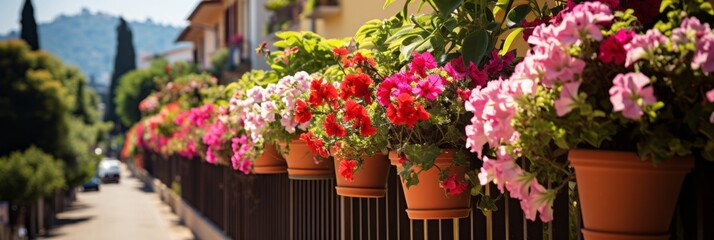 Colorful different flowers in pots on balcony or terrace, bright balcony with flowers, banner