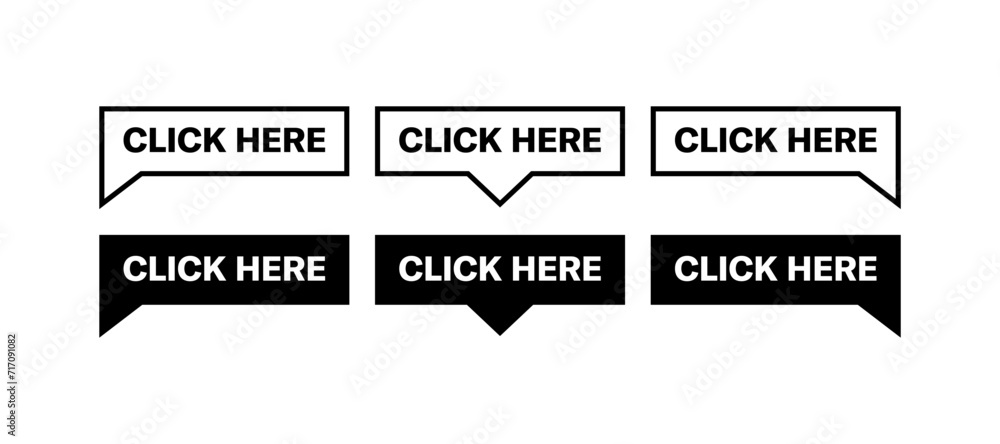 Poster click here icons set. click here bubbles. linear and silhouette style. vector icons