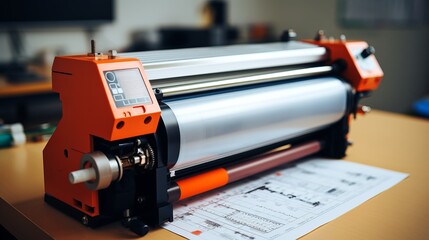 Professional large format plotter printing wide design blueprints at engineering office - obrazy, fototapety, plakaty