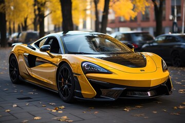 An image Yellow sport car with black auto tuning on the road Generative AI - obrazy, fototapety, plakaty