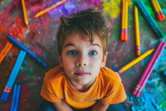 Imagination Unleashed. Child drawing with colorful crayons, embodying the free-flowing creativity and endless ideas of youth. Generative Ai.