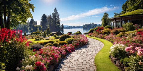 Beautiful path in upscale home garden in summer, panorama of landscaped house backyard. Scenery of pathway, flowers, lake and green plants. Concept of landscaping, nature, design - obrazy, fototapety, plakaty